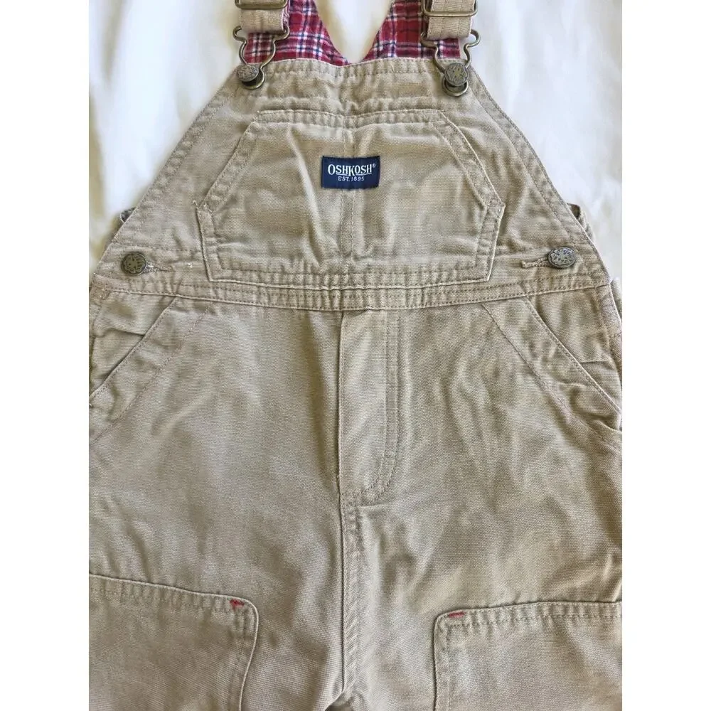 Oshkosh Overalls Toddler 18 Months Old Tan Denim 100% Cotton Red Plaid Lining